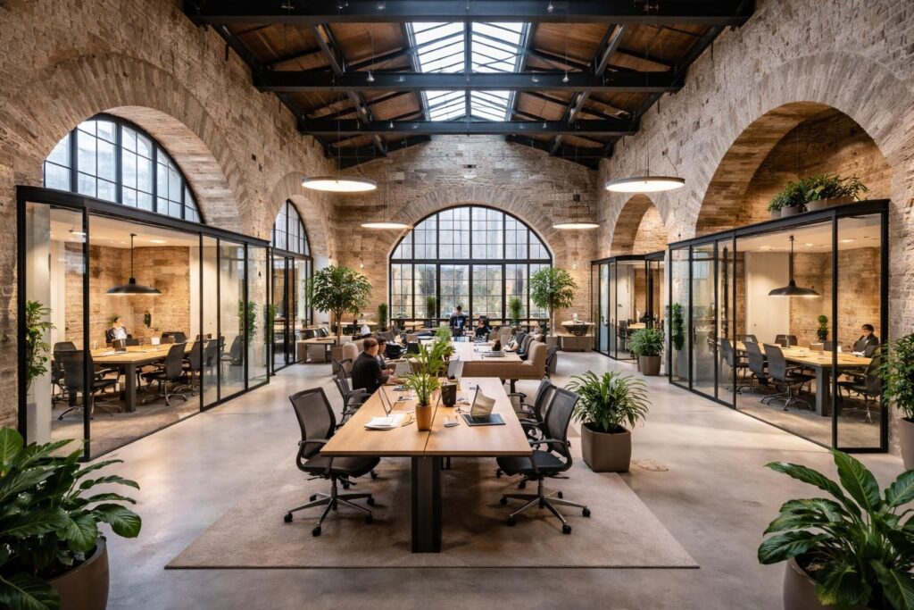 découvrez un espace de coworking unique dans un ancien arsenal, avec salles de réunion modernes et bureaux flexibles à louer. idéal pour travailler dans un cadre historique alliant authenticité et fonctionnalité.